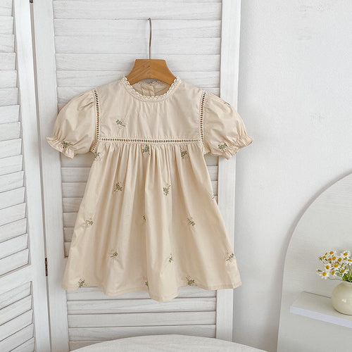 Summer Arrival Flowers Pattern Embroidered Short Sleeves Dress/Onesies