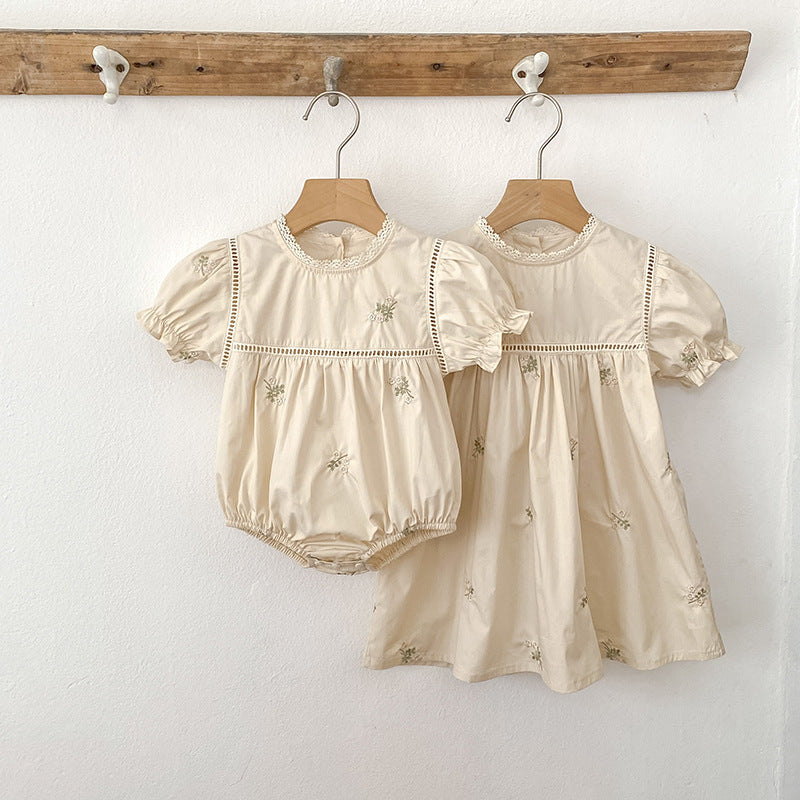 Summer Arrival Flowers Pattern Embroidered Short Sleeves Dress/Onesies