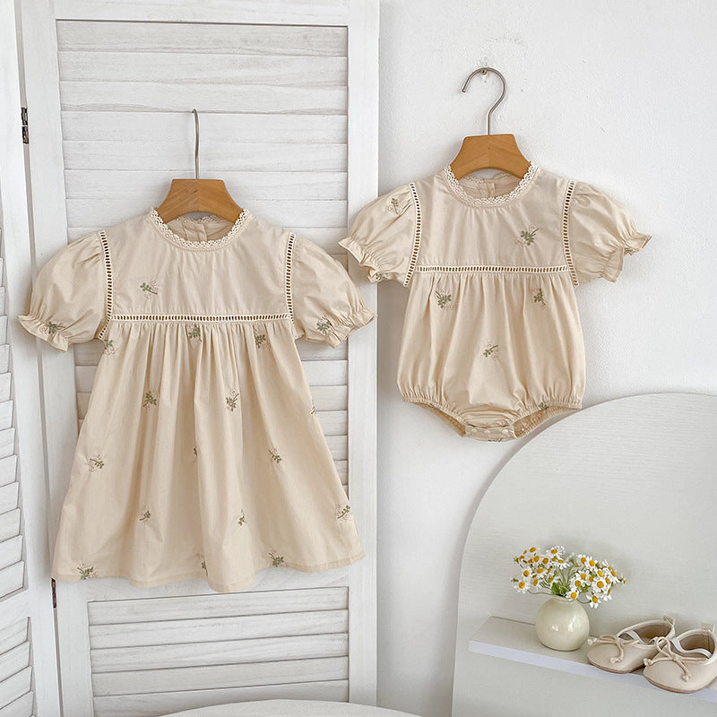 Summer Arrival Flowers Pattern Embroidered Short Sleeves Dress/Onesies